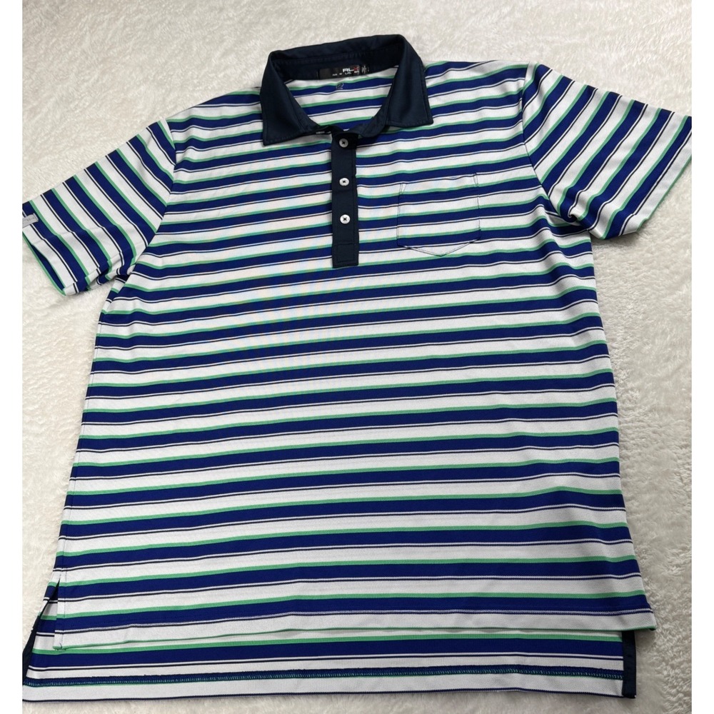 RLX Ralph Lauren Mens Large Striped Performance Polo Shirt‎ Blue Green Wicking